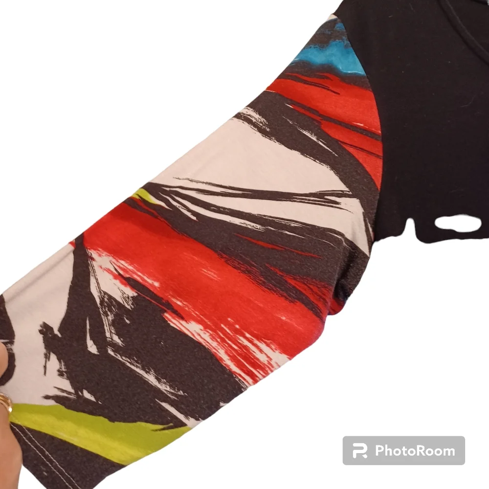 IINSIDE OUT Women's Black Stretch Long Tunic Colorful Sleeves Large